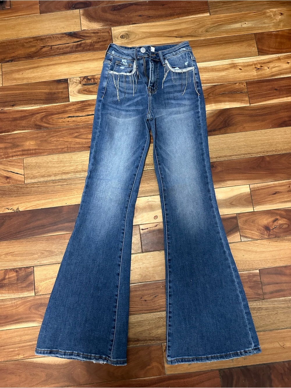 Women’s Risen Blue Flared Jeans with Embellished Pockets